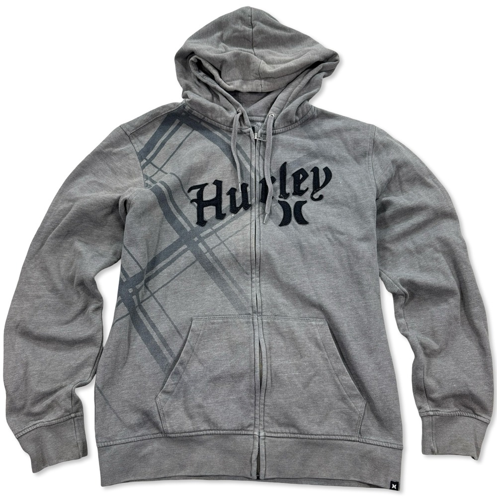 Hurley‎ Sweatshirt Men's Large Gray Hoodie Fleece Skater Spellout Y2K